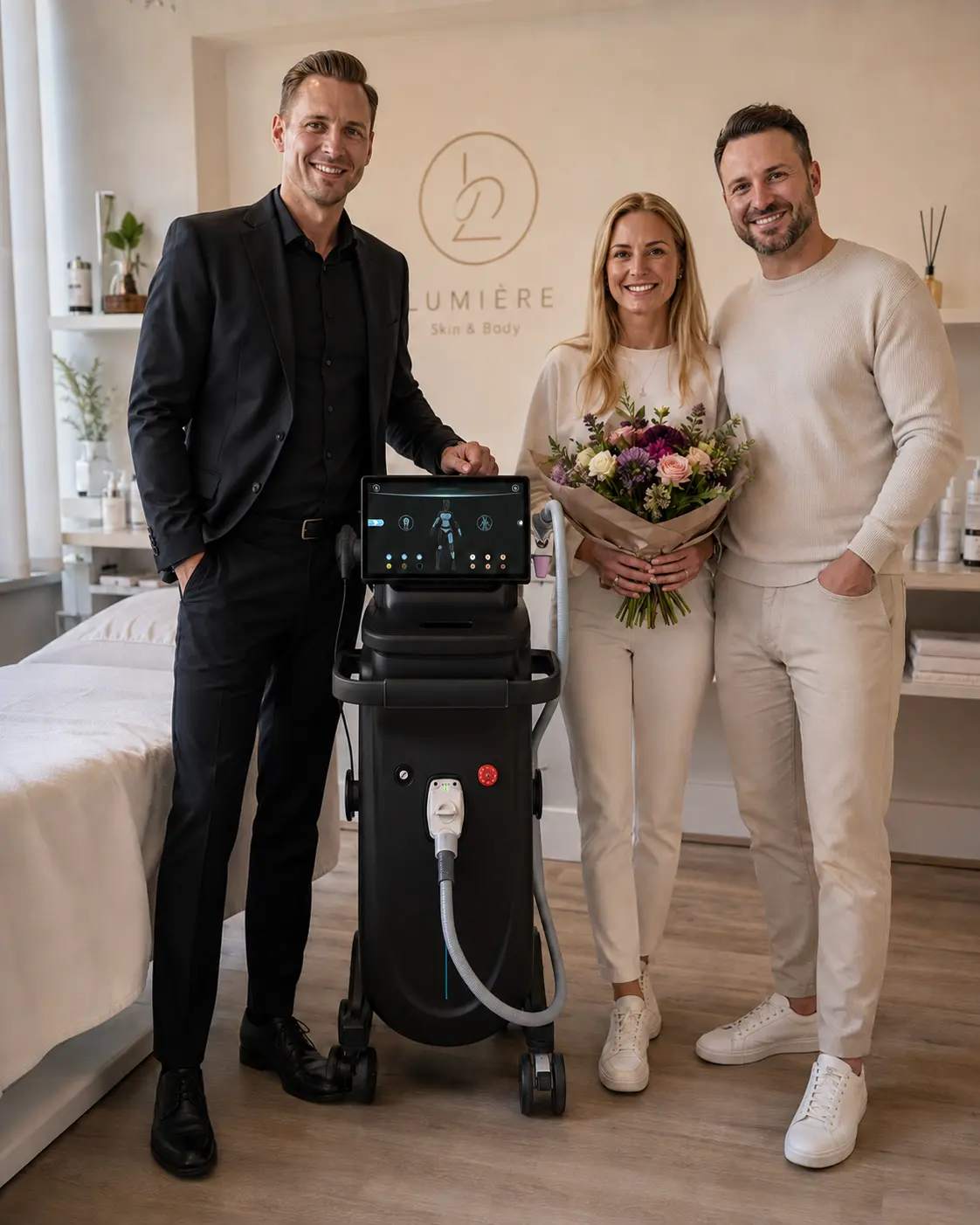 Professioneller SOMATECH Diodenlaser in einem Kosmetikstudio mit Behandlungsliege