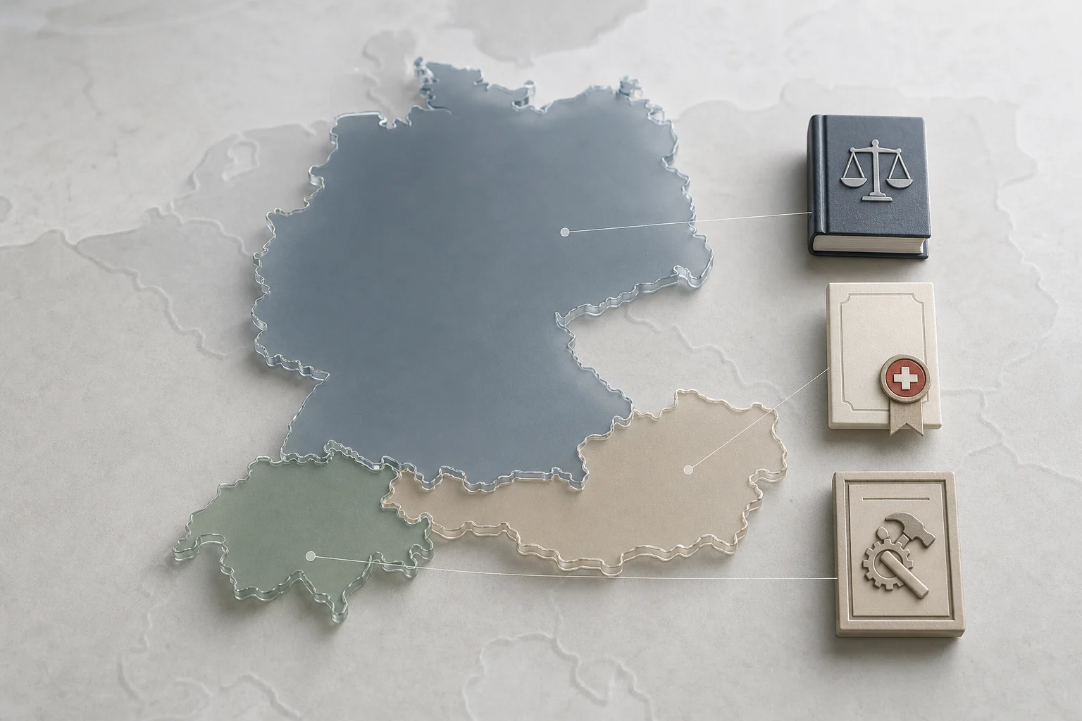 DACH-Karte mit Symbolen: Gesetzbuch (DE), Zertifikat mit Schweizer Kreuz (CH), Gewerbeschein (AT) – neutrale Illustration